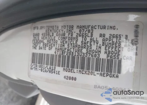 2003 Toyota Avalon Xls z USA, uszkodzony, nr VIN 4T1BF28B13U337603